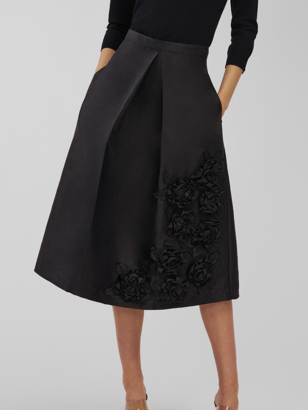 Kay Unger Black Midi A-Line Skirt with Floral Rosette Detail